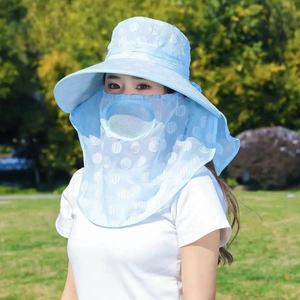 Sombrero para recolección de té para mujer, protección solar, cubre rostro, transpirable, ligero, para verano, trabajo en la granja, diseño gris de lunares - Product Image 3