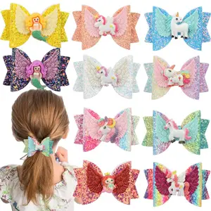 Glitter Unicorn Bow Hair Accessories For Girls Boutique 3in Hair Bows Alligator Clips(12 Colour)