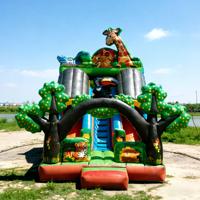 Structure gonflable combinée toboggan et aire de jeux sur le thème du safari en jungle, en PVC écologique, pour enfants, aventure animale africaine, multicolore, zoo