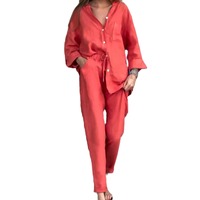 Ensembles de pantalons en coton et lin Chemise boutonnée à manches longues surdimensionnée d'été Tenues décontractées Costume confortable