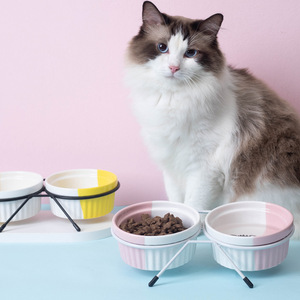 Bol double en céramique pour chats et chiens, avec support, plat de nourriture surélevé, mangeoire pour animaux de compagnie, forme arrondie, support pour le cou - Product Image 2
