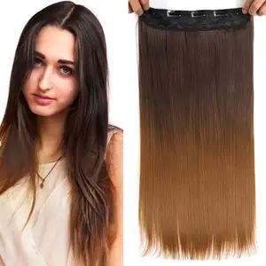 Prendedor de cabelo sintético, venda quente de grampos de cabelo sintético em uma peça, sedoso, longo, peça de cabelo, 5 grampos, extensão de cabelo