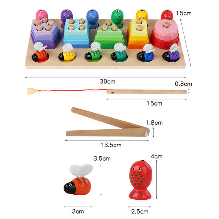 Wooden Geometric Sorting Board Toys 3 in 1 Shape Matching Fishing Fruits Cutting Game Stacking Block Jigsaw Puzzle Games