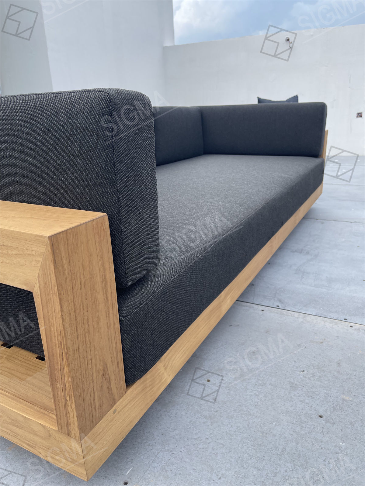 Custom All Weather Luxury Factory Patio Furniture Pool Garden Wood Outdoor All Weather Fabric Teak Wooden Sofa