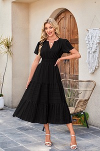 Vestido Largo de Verano para Mujer, Cuello en V, Plisado, Manga Corta, Color Sólido, Casual, para Playa y Vacaciones, de Alta Calidad - Product Image 5