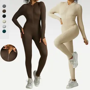 Gym Clothes Seamless Striped Front Zip One Piece Jumpsuit for Women Slim Long Sleeve Onesie Sport Yoga Bodysuit Workout Romper