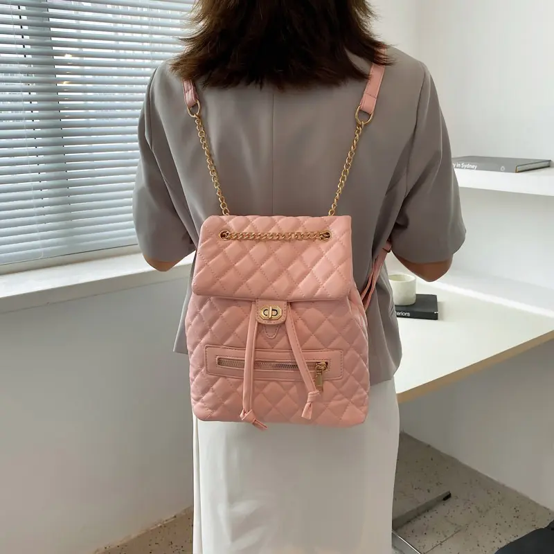 2022 Trendy Spring New Fashion Rhombus Thread Small Backpack Simple Leather Backpack Purse For Women Bag