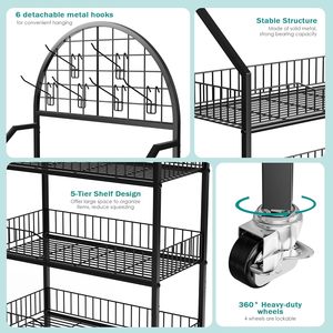 Heavy-Duty 5-Tier đen kim loại snack Rack hiển thị đứng thân thiện với môi bán lẻ Kệ bánh xe móc cho nhà bếp giá - Product Image 3