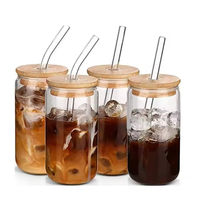 Gelas Air Kaca Transparan Buram 12oz 16oz 20oz dengan Tutup Bambu dan Sedotan, Cangkir Espresso Jus Buah dengan Logo Custom