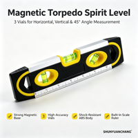 Niveau à bulle magnétique industriel à trois flacons, horizontal, vertical et 45 degrés, corps en ABS, règle graduée de 50 mm de largeur, OEM