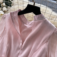 Robe élégante en mousseline de soie rose à manches longues, col haut, taille froncée, coupe midi évasée pour femmes, occasions de fête et de soirée