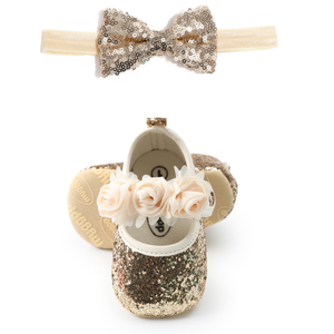 Chaussures mignonnes pour bébés filles nouveau-nées avec bandeaux assortis, ensemble de chaussures habillées pour petites filles avec bandeau à nœud - Product Image 6