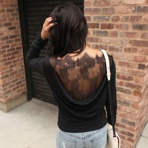 Black Sexy Lace <b>Patchwork</b> Cut Out Backless Cowl Neck Off Shoulder Waist Long Sleeve T Shirt for Women - Product Image 4