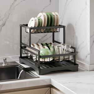 Escurridor de Platos Doble Capa Negro con Bandeja de Drenaje, Portavasos y Organizador de Tazones para Encimera de Cocina - Product Image 1