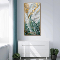 Grande peinture à l'huile verticale à texture de feuille de bananier, art mural fait main avec feuille d'or pour la maison