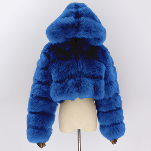 Manteau en fausse fourrure à la mode pour femmes à la mode personnalisé <span class=keywords><strong>bleu</strong></span> femmes manteau de fourrure <span class=keywords><strong>court</strong></span> coloré à capuche col de fourrure manteau uni - Product Image 6