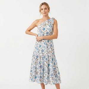 One Shoulder Floral Print Chiffon 100% Cotton Midi Dress A-Line Sleeveless Casual Summer Eco-Friendly with Ruffles High Waist - Product Image 1