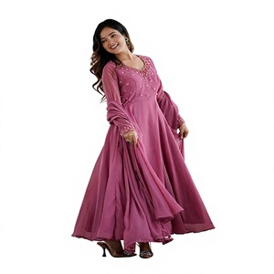Kurta pour femme en rayonne violette, coupe ample, longueur ras du sol, tenue traditionnelle indienne pour mariage avec broderie - Product Image 1