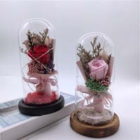 Lampe LED Romantique Saint-Valentin Noël Mariage Décoration Cadeau Fleur Séchée Éternelle Faite à la Main Sous Cloche en Verre Longue Durée