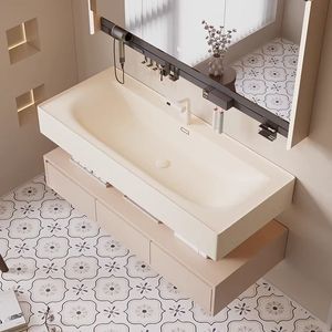 Meuble-lavabo mural crème avec vasque en pierre intégrée, <span class=keywords><strong>miroir</strong></span> et étagère de rangement pour projets - Product Image 3