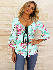 SWEET BABE เสื้อเชิ้ตผู้หญิงไซส์ใหญ่สีเขียวมิ้นท์ คอวี แขนสั้น ลายดอกไม้สามส่วน สำหรับฤดูใบไม้ผลิและฤดูใบไม้ร่วง - Product Image 5