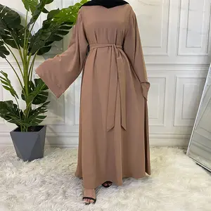 abaya abito colorato Suppliers-2021 commercio all'ingrosso di Abbigliamento Musulmano Turchia Solido Islamico Lunghi, Indossa Cintura Nida Vestito Le Donne Dubai Abaya