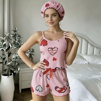 Ensemble pyjama grande taille P588 imprimé cœurs bonbons pour femme, caraco côtelé et short avec bonnet de douche, vêtements d'intérieur et de nuit