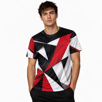T-shirt pour homme en popeline 3D AOP avec motif 100% polyester noir rouge blanc géométrie facettée séchage rapide respirant col rond