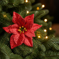 Décoration de Noël en gros, fleurs de poinsettia scintillantes, petites fleurs de Noël artificielles de 15 cm pour la décoration