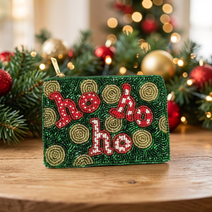 Pochette à monnaie carrée en coton perlé Joyeux Noël, verte et rouge, brodée Ho Ho Ho, avec fermeture éclair, accessoire de mode pour mariage - Product Image 2