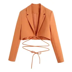 2022 sping and autumn new products European style pockets suit jacket split short pant orange women pants sets