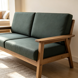 Sofá de Dos Plazas con Estructura de Madera de Nogal Oscuro Premium, Sofá Compacto de Tela Verde Oscuro de Estilo Minimalista Japonés - Product Image 2