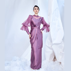 SIPO baja Kurung – robe de mariée pour femmes musulmanes, en soie, col ras du cou, couleur unie, manches bouffantes, avec dentelle - Product Image 6