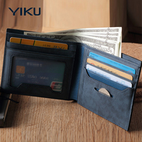 Dompet Kulit Asli Pria Pendek Biru YIKU Fashion Casual Slim, Tempat Kartu, Cocok untuk Perjalanan, Hadiah dengan Logo Custom