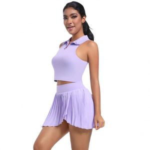 Conjuntos de Fitness de gimnasio transpirables de secado rápido para mujer, Chaleco de solapa superior, Falda corta plisada para Yoga, tenis, deportes, tenis, corto plisado - Product Image 5