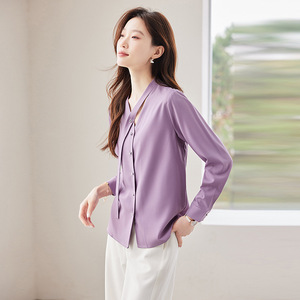 Elegant Long Sleeve Shirt Women Purple V Neck Satin Wrap Tie Office Blouse Solid Color Polyester Fabric - Product Image 3