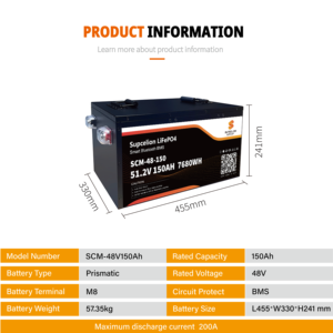 Batterie LiFePO4 SUPCELION 51.2V 150AH avec BMS intégré pour camping-car/Véhicule électrique, Bluetooth 5.0, IP62, Garantie 10 ans, 4000 cycles, Stock UE - Product Image 3