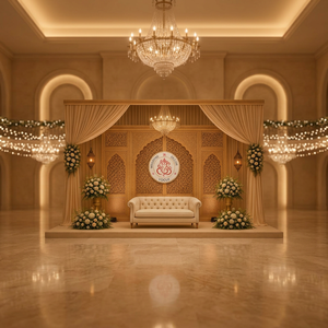 ฉากหลังเวทีงานแต่งงานอินเดียสุดหรู พร้อมซุ้มดอกไม้ตกแต่ง สำหรับตกแต่งงานเลี้ยงในห้องจัดเลี้ยงหรือพิธีต่างๆ - Product Image 3