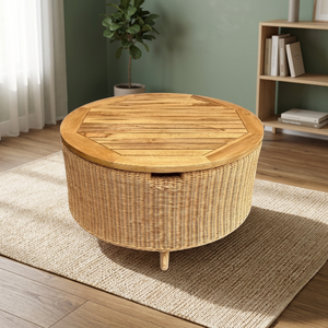 Mesa sin muebles de vidrio y decoración Mesa de centro redonda hecha de mezcla de ratán con tejido de madera Rattan Fitrit 3mm - Product Image 2