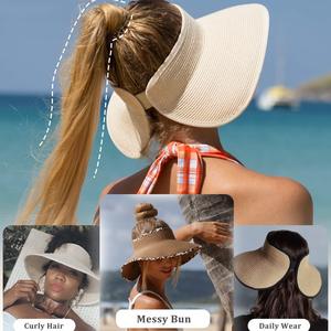 Chapeaux <span class=keywords><strong>pare</strong></span>-<span class=keywords><strong>soleil</strong></span> OEM pour femmes, à large bord, en paille, avec ouverture pour queue de cheval, pliables et compressibles, pour l'été et la plage, protection supérieure vide, pour le voyage - Product Image 5