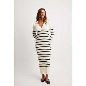 เดรสไหมพรมแขนพองทรงวีคอ ลายทาง แขนยาวทรงบาน สำหรับฤดูใบไม้ร่วง - Product Image 1