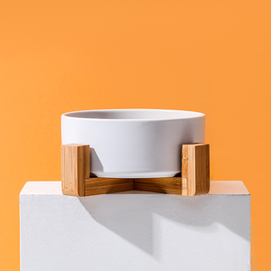 Grosir makanan kucing panas dan air anjing keramik bulat mangkuk hewan peliharaan dengan bingkai bambu - Product Image 6