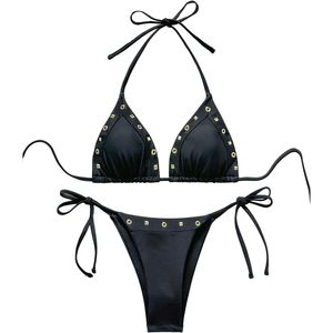 FOXA Women's 2 Piece <b>Bikini</b> Set Halter <b>String</b> Studded Eyelet Micro Cheeky Thong Bathing Suit - Product Image 1