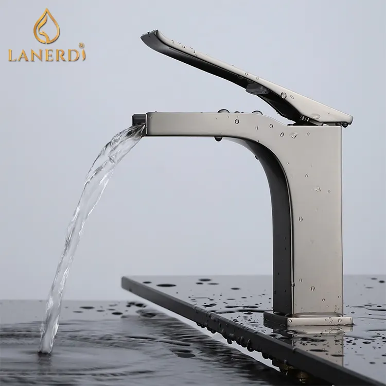 Single Handle Gun Black Gray Square Waterfall Design Bathroom Faucet Tap Taps Brass Basin Factory in kaiping griferia cascada