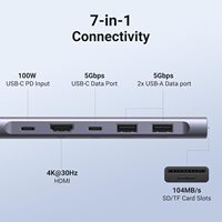 UGREEN CM195 Revodok Hub USB C pour ordinateur portable 7 en 1, dongle USB C 4K, charge PD 100W, lecteur de carte Type C pour MacBook Pro Air iPad