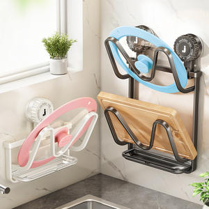 Support mural à ventouse pour couvercles de casseroles, étagère de rangement de cuisine multicouche en forme de L avec support pour planche à découper - Product Image 3