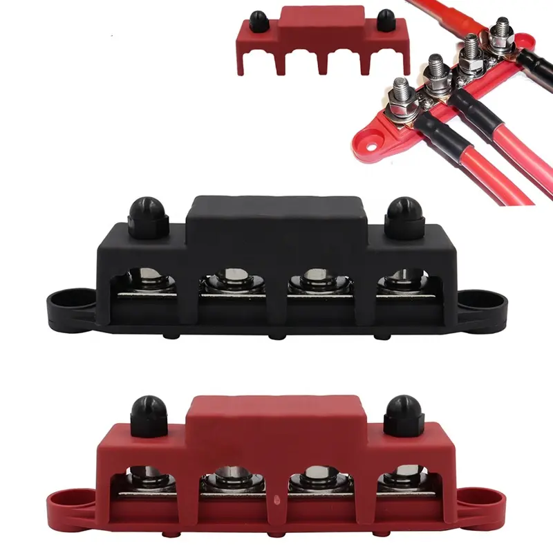 Copper Busbar 4 Stud 3/8" M10 250A Battery Power Distribution Terminal Blocks Connector With Cover for RV Marine Car Automotive