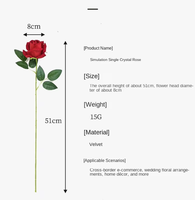 Roses artificielles en velours de soie en gros, à tige unique, avec cristaux – Magnifiques fausses fleurs pour accessoires de photographie de mariage, décoration maison/magasin