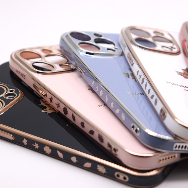 Fashion 6D Electroplated Leaf Pattern Phone Case for iPhone 13 Soft TPU Silicone Cover