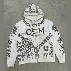 เสื้อฮู้ดดี้ผู้ชายแบบสองชิ้น สไตล์สตรีทแวร์ ผ้าหนา 400 GSM สีขาว ทรงบ็อกซี่ ซิปหน้า พิมพ์ลายดิจิตอลตามสั่ง OEM - Product Image 2